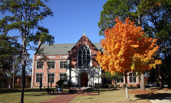 Houghton Library with fall tree
